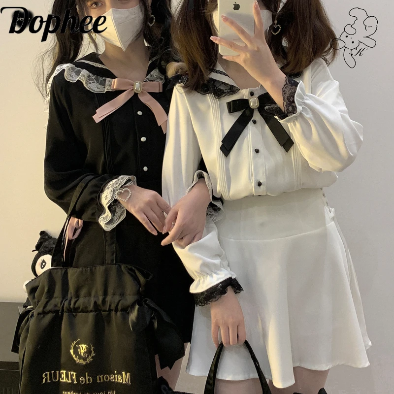 

Dophee Original Landmine System Navy Collar Women Blouses Lace Splicing Cute Lolita Top Long Sleeve Elegant Gothic Casual Shirts