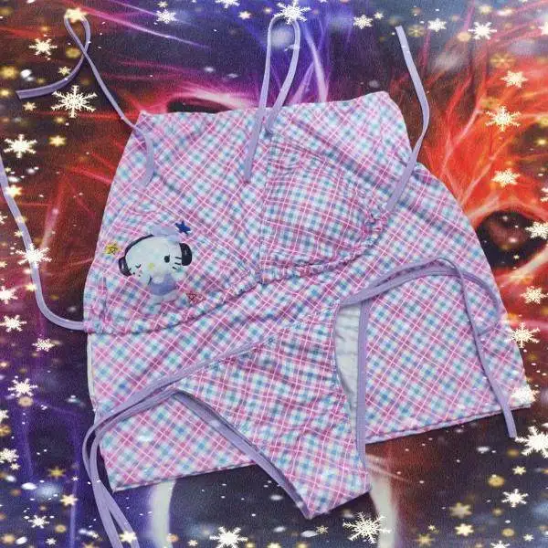 

Мультяшный купальник Hello Kitty в японском стиле для милых девушек, нежно-фиолетово-розовый, с принтом котенка, раздельный, на завязках, для женщин, для горячих источников