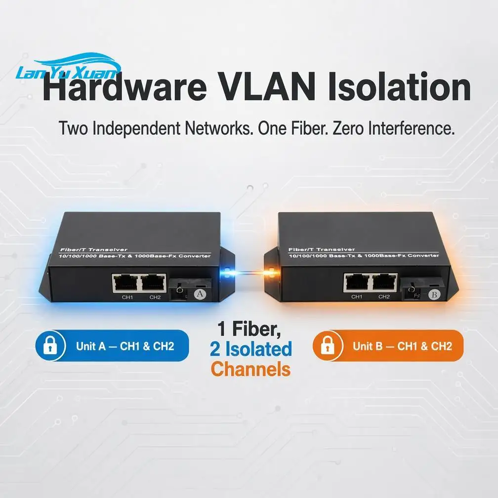 100Mbps Fiber Media Converter 1 SC 2 RJ45 VLAN Isolation Optic Transceiver 20KM Single Mode 1310/1550nm for CCTV Security