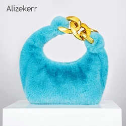 Fashion Big Chain Faux Fur Handbags For Women 2022 Korean Winter Elegant Luxury Designer Purse Ladies Boutique Plush Hobo Bags