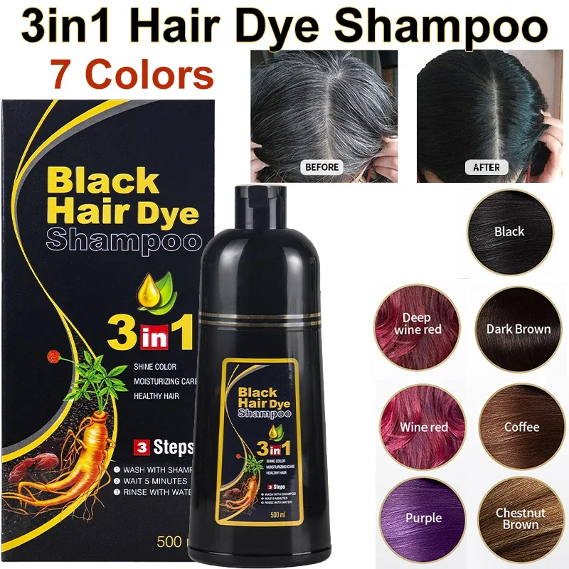 Tintura de cabelo grisalho para homens e mulheres, xampu de escurecimento 3em 1, 7 cores, ingredientes herbais naturais, capa para colorir 500ml