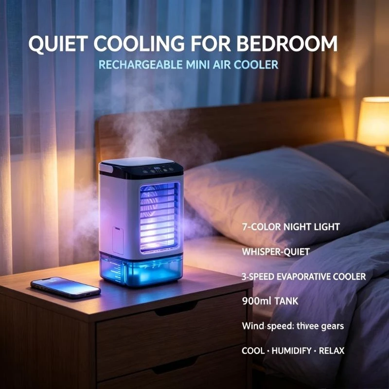 Rechargeable Mini Air Cooler Evaporative 900ml Tank 3-Speed Desk Fan with 7-Color Night Light Humidifier for Bedroom Travel