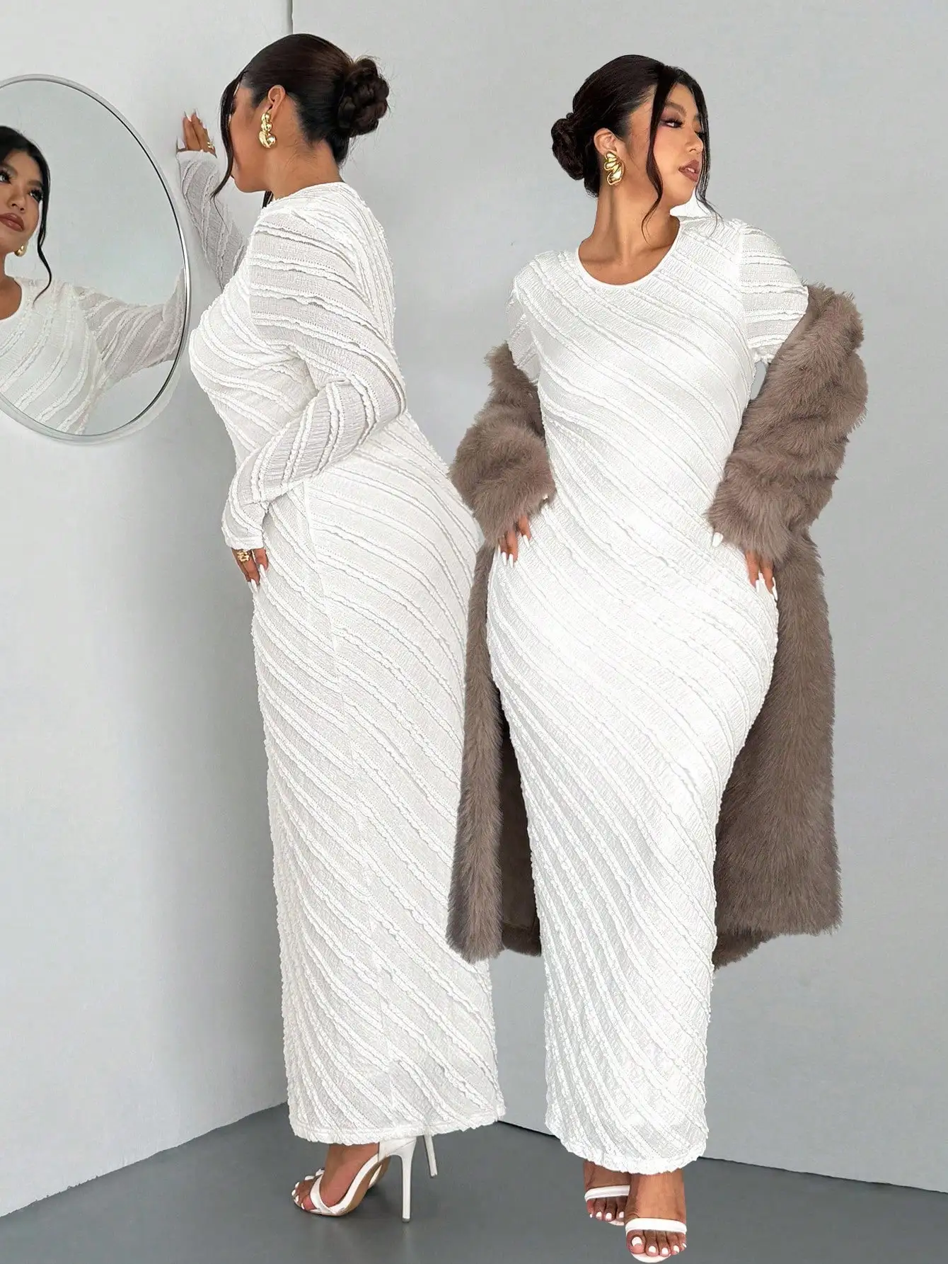 فستان ماكسي أبيض مضلع بأكمام طويلة وذيل السمكة، أنيق للحفلات وحفلات الزفاف والمكتب والمواعيد