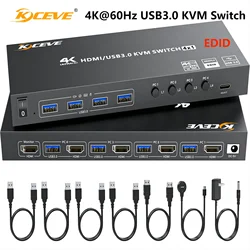 HDMI KVM Switch 4 Computers 4K@60Hz Simulation EDID,4 Port USB3.0 KVM Switches for 4 PC Share 1 Monitor Keyboard Mouse Printer