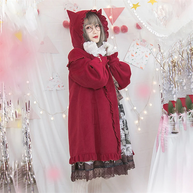 

2023 New Ruffle Edge Cloak Coat For Women Japanese Sweet And Cute Versatile Lolita Hooded Heart Button Red Coat For Women