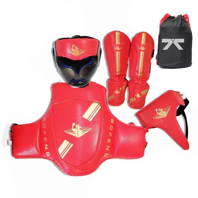 4-Piece Sanshou Boxing Gear Set Protective Gear Including Helmet Chest Leg Protector for Martial Arts