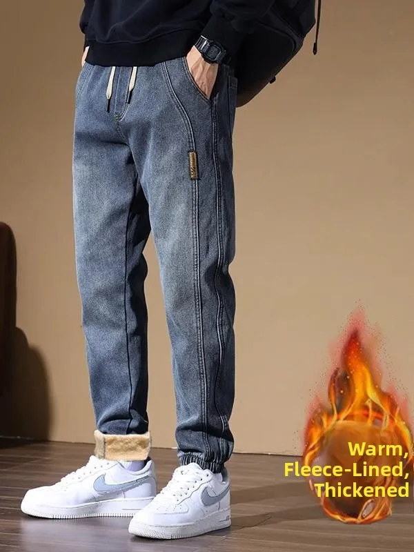 

Мужские джинсовые джинсы Thiened Fce с завязками на талии, хлопковые эластичные джинсовые молодежные модные зимние теплые шаровары, прямые брюки