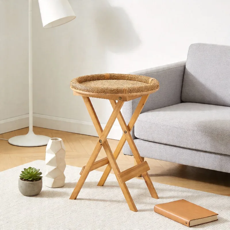 Rattan Folding Table Round Portable Compact Lightweight Natural Balcony Coffee Table Minimalist Indoor Outdoor Home Garden