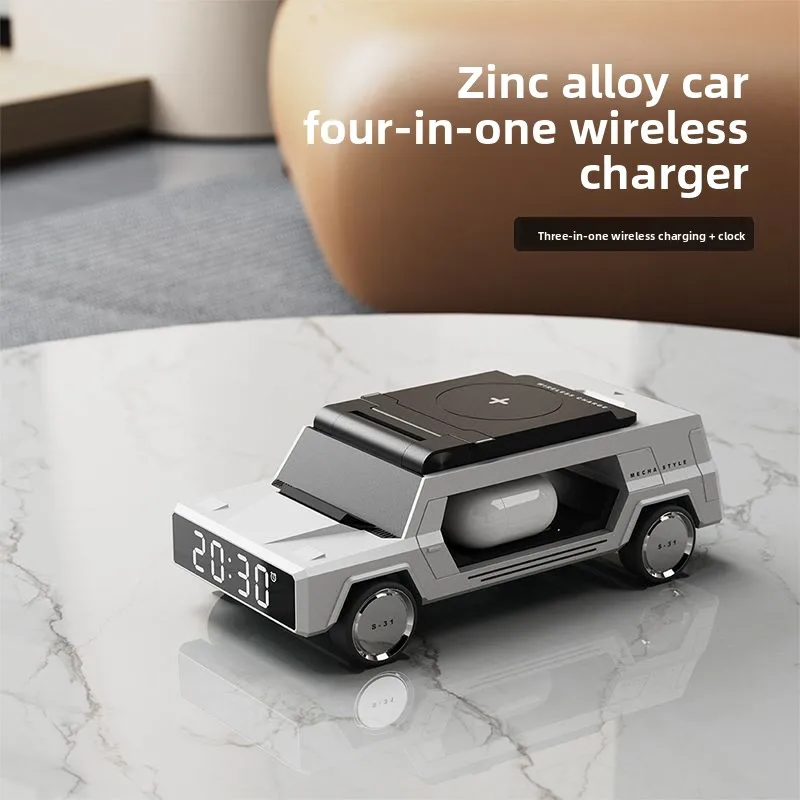 Car mobile phone holder, multi-functional black technology watch, earphones, wireless charger 4-in-1 creative car ornament