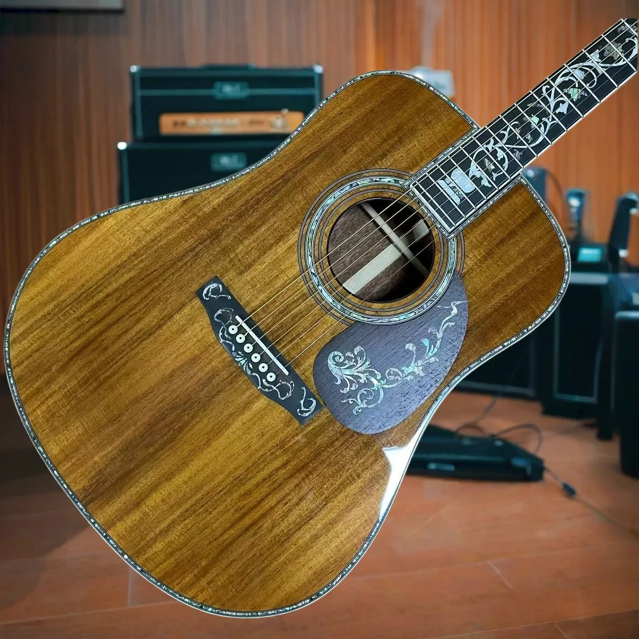 Koa with Small Floral Motif Koa Body with Floral Inlays D45 Acoustic Guitar Pickup Included  41 Inch Gift Luxury Abalone Inlay