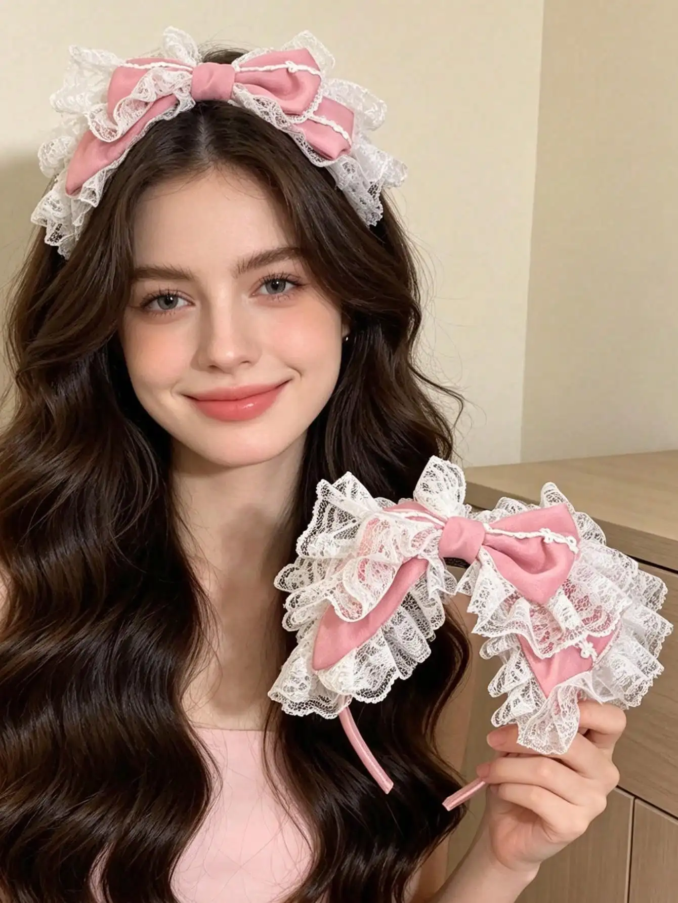 

1pc Ethereal Pink & White Lace Bow Headband, French Romantic Style Hair Clip, Lolita Headpiece, Comfortable Fit, Ideal For Cospl