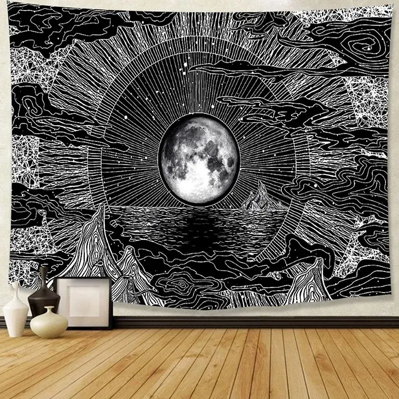 VIKAMA Black White Moon Wall Art Tapestry, Celestial Full Moon Line Pattern Hanging Decor for Bedroom Meditation Room