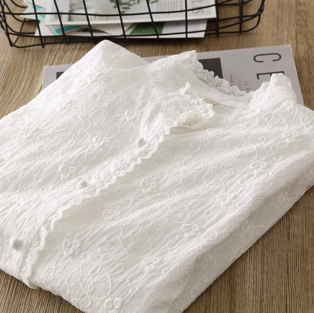 Mori kei clothing Japanese style white lace embroider shirts and blouses women cotton sweet long sleeve shirts cute clothes