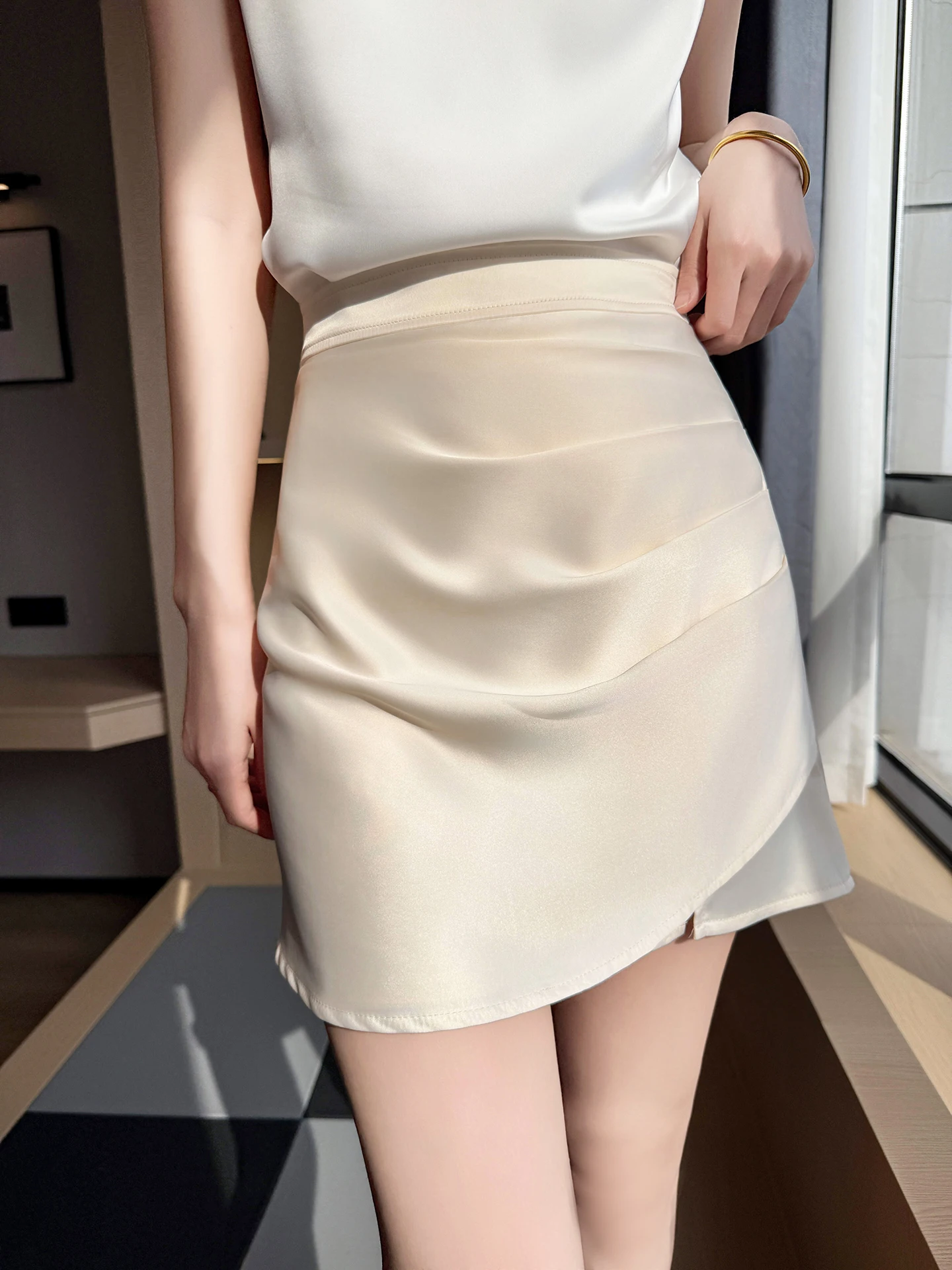 

High Waist Asymmetrical Pleated Acetate Satin A-Line Skirt Women's Slimming Sexy Half-length Skirts Fashionable Lady Style