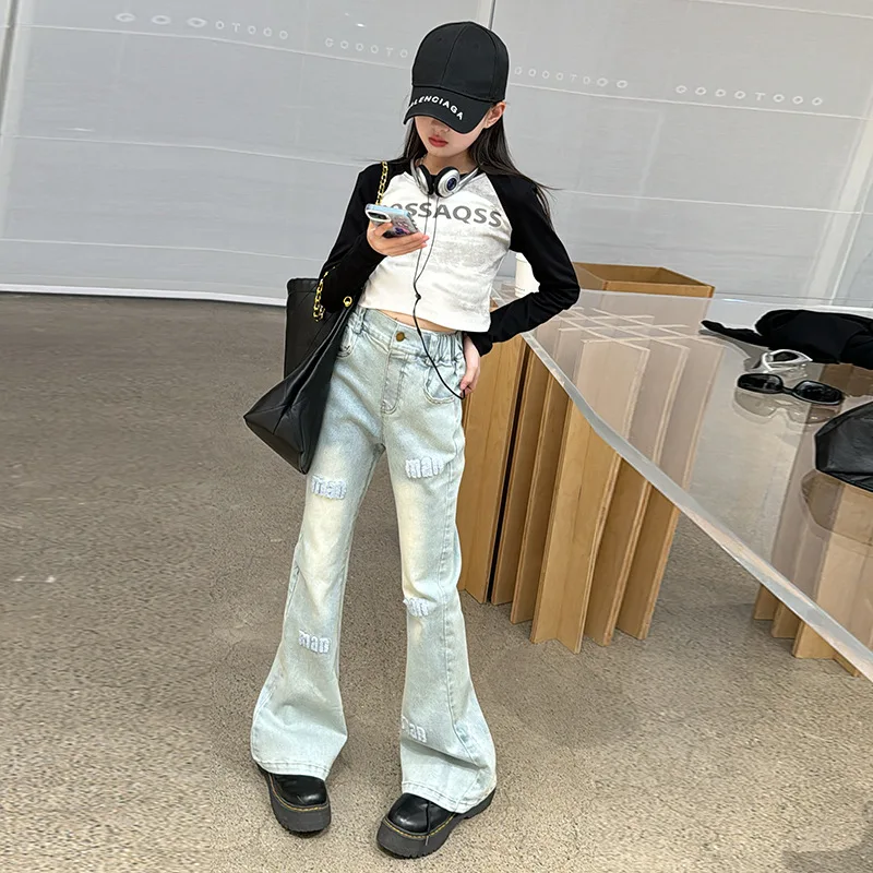 Baby Girl Clothes Suit Girl Slim Short Blouse Towel Embroidered Denim Flare Pants 2024 New Spring Fashion Comfort Two-piece Set