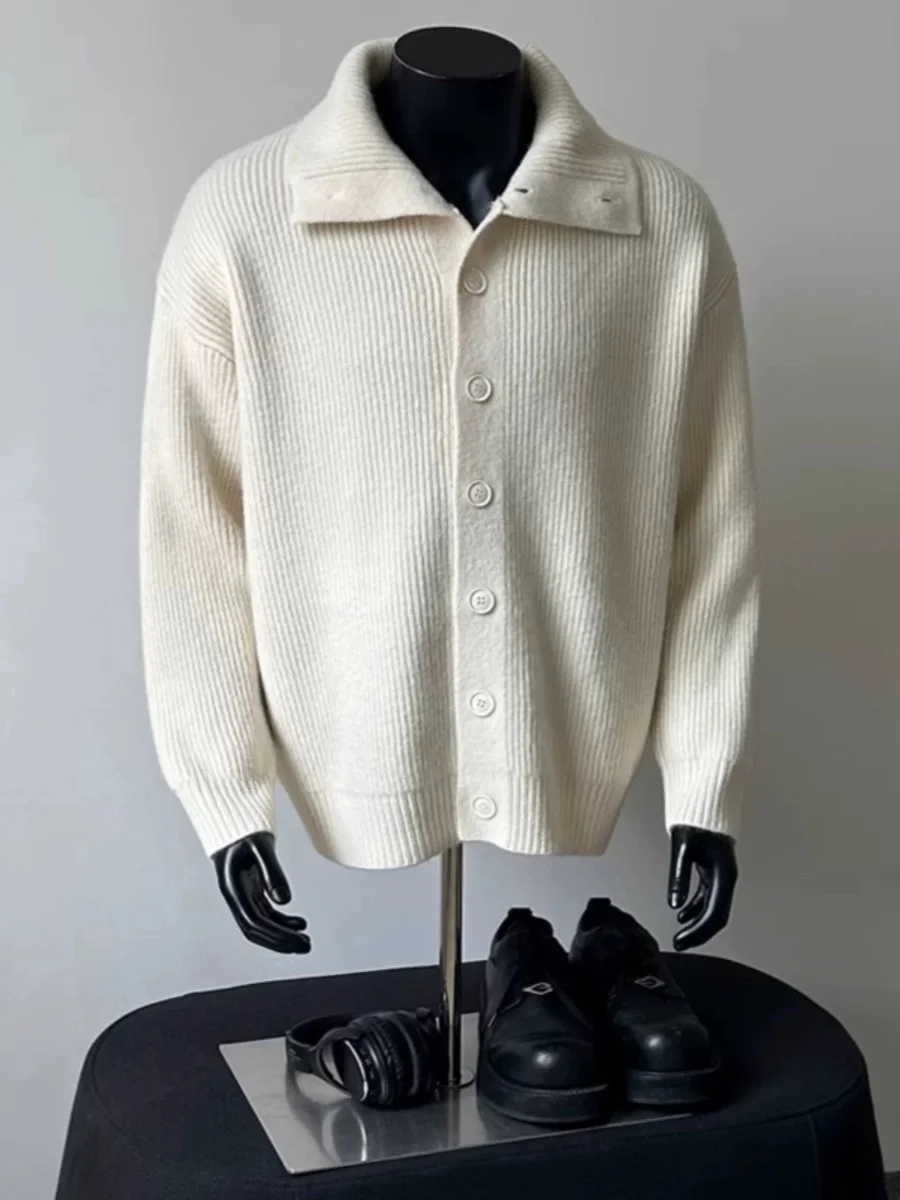 

Korean Laid-ba Sle High Collar Open Cardigan Sweater Men Autumn Winter Loose Feelings Matching Knitted Top Coat