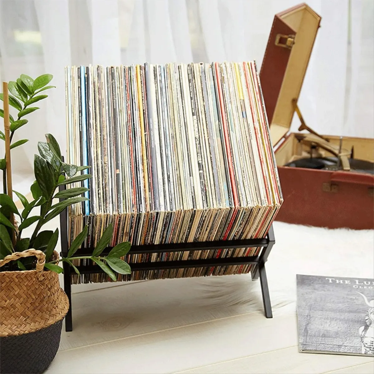 N14R Top Record Storage Racks - Easy Assembly Vinyl Record Holder Stand 100Lps Sleek Matte Black LP Holder Stand