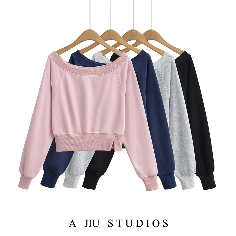 

Свободный свитшот Sweet Spicy для женщин, повседневный спортивный стиль, с открытыми плечами, американский уличный стиль, весна-осень, двусторонний, можно носить двумя способами