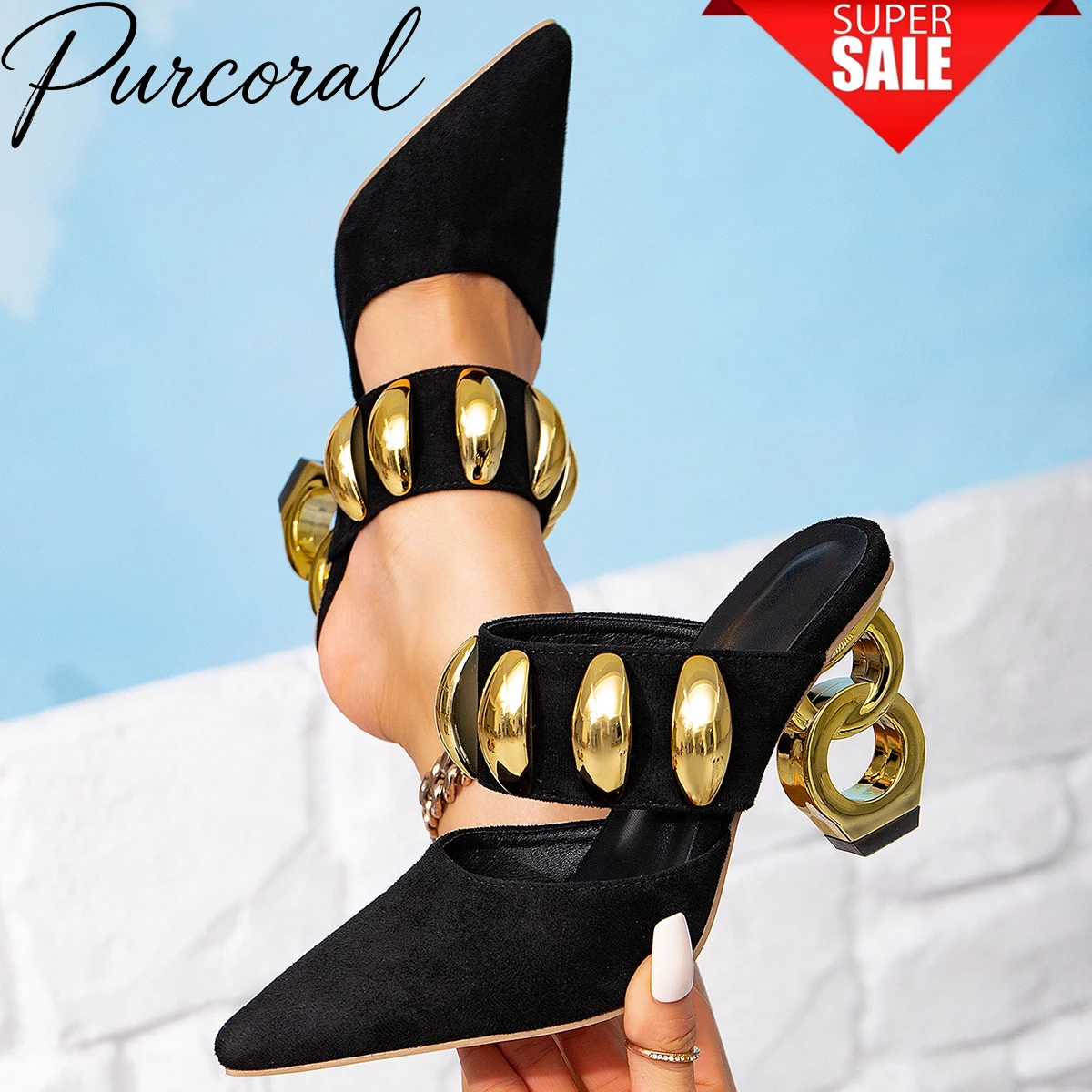 2026 Metal Ornament Mule Heels Women Matte Suede Pointed Toe Slip On Slides Unique Geometric Hollow Block Heels Fashion Sandals