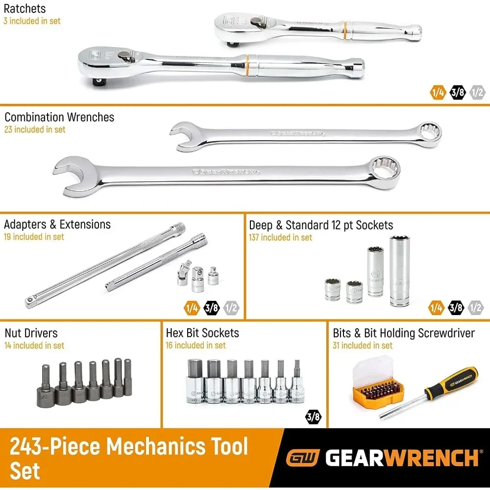 For 243 Pc. 12 Pt. Mechanics Tool Set in 3 Drawer Storage Box - 80972