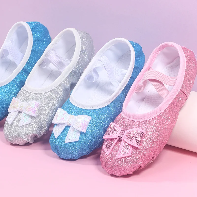 Shiny Pink Blue Bowknot Kids Shoes for Girl Geritide Dance Flat Dancing Shoe with Sequins for Girls