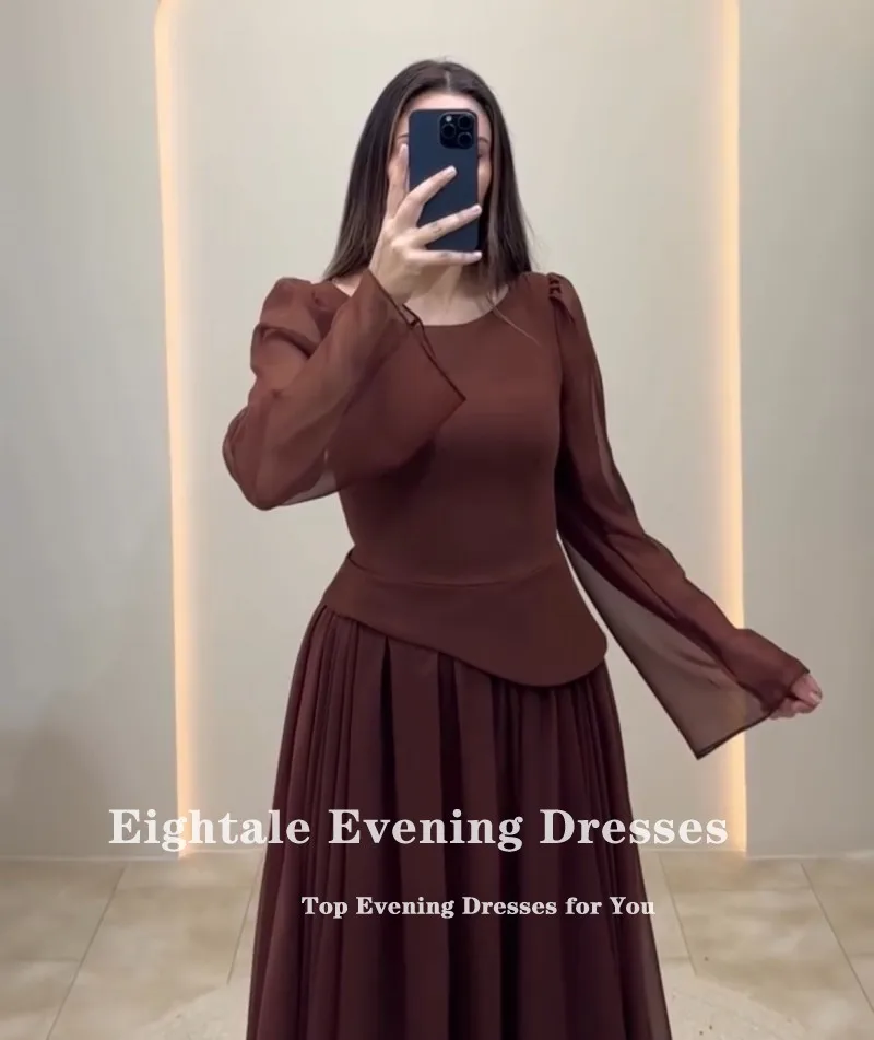 Eightale アラビア語イブニングドレス スクープ カスタマイズされた A ライン フロアレングス シフォン ブラウン 長袖 プロム ウェディング パーティー ドレス