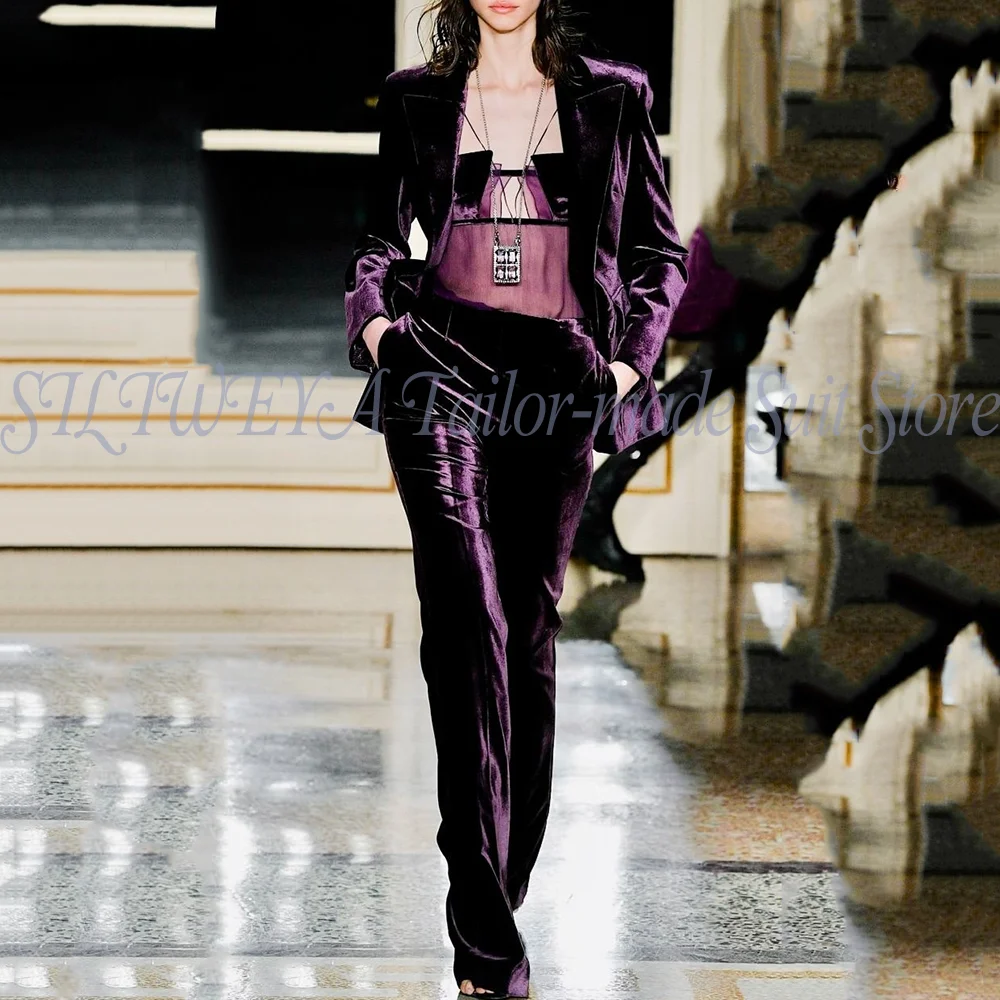 Velvet Blazer Set Women New Style 2 Pieces Suit Wide Leg Pants Luxury Formal Elegant Fashion Trendy Special Occasions Outfit