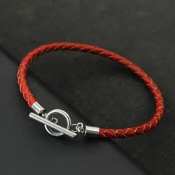 Fashion Mens Genuine Leather Bracelet Stainless Steel OT Buckle Bangle 4mm Thin Braided Pulsera De Cuero Red Wrap Braslet Joias
