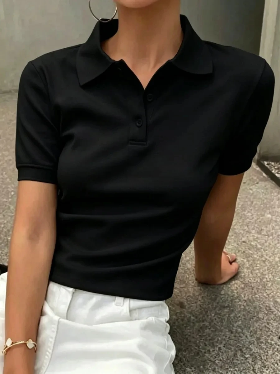 Best Seller Women Plain Polo Shirt Simple Solid Color Lightweight Fabric Trendy Short Sleeve Daily Wear Top