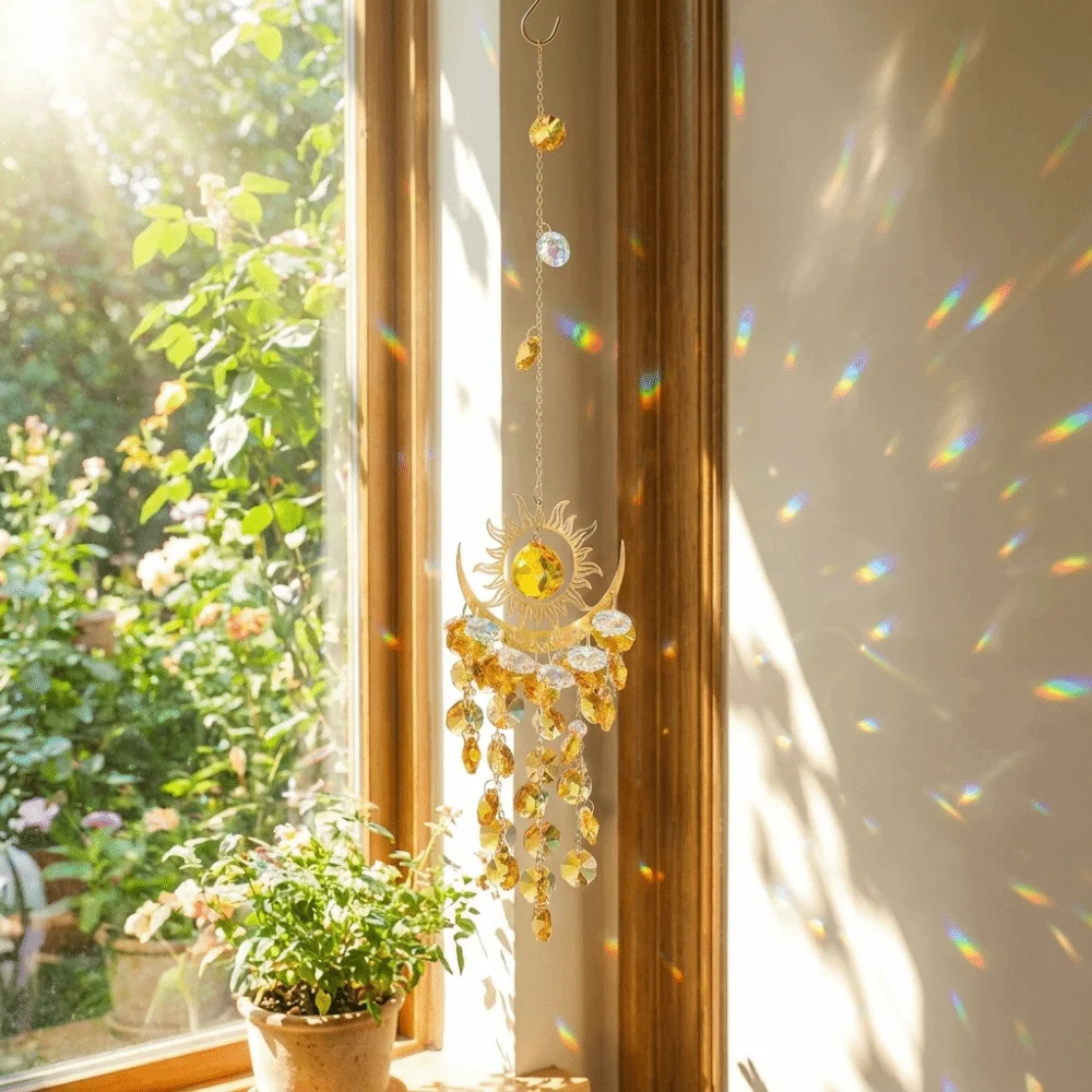Energy Gemstone Diamond Prisms Sun Catcher Light and Shadow Moon Eye Wind Chime Hanging AB Colourful Crystal Catcher Outdoor