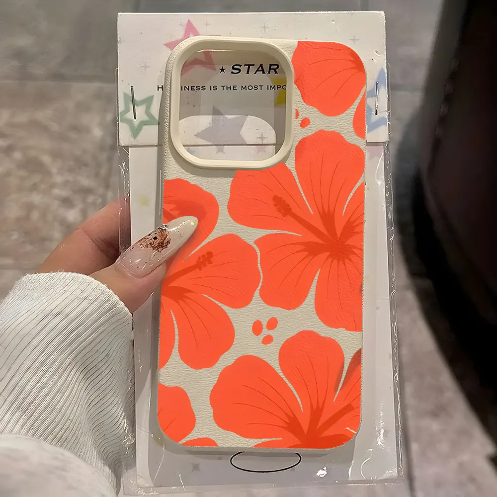 Niedliche Orange Hibiskus-Blumenmuster Lychee Soft-Handyhülle für iPhone 17 Air 16 15 14 13 12 11 Pro Max 15 14 Plus X Xs XR Cover
