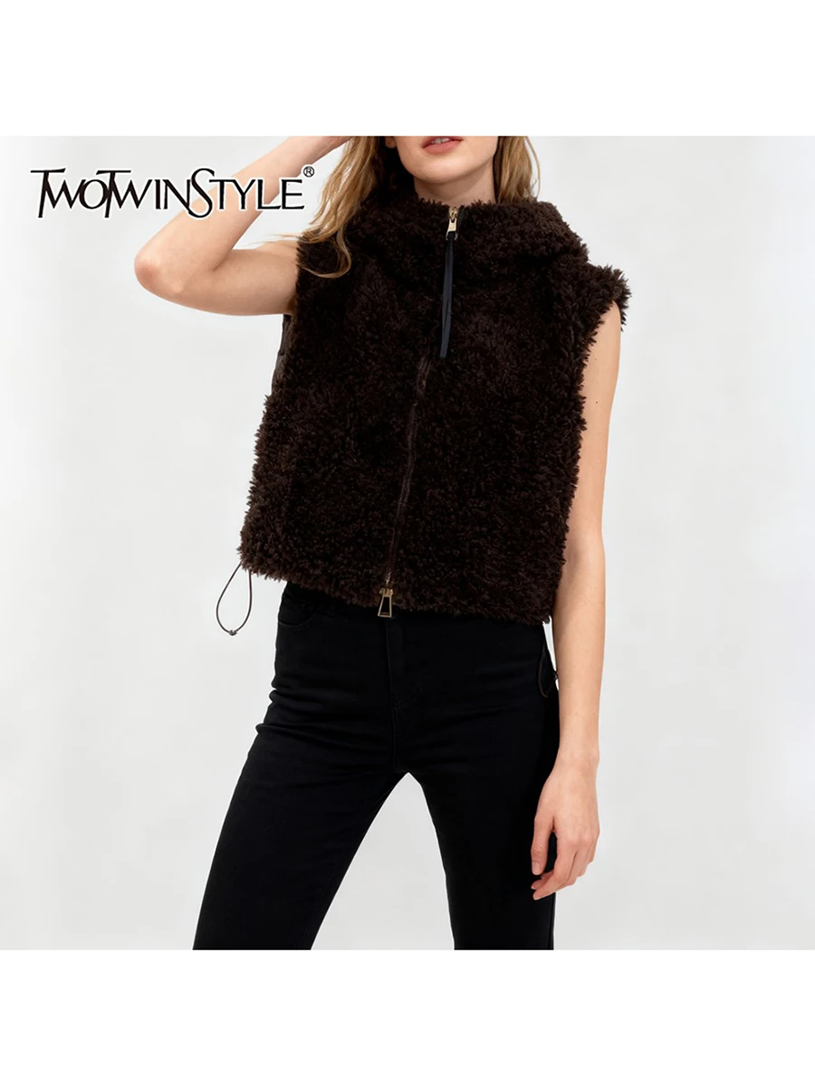 

TWOTWINSTYLE Solid Slimming Spliced Zipper Flocking Vests for Women Hooded Sleeveless Vintage Vest Female Autumn Clothing New