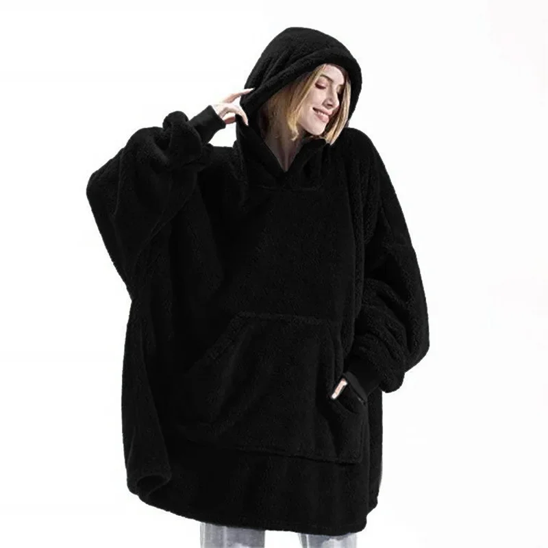 2024 Winter Women Double-faced Fleece Hoodie Blanket Oversize Large Pocket Warm Couple Loose Sweatshirts Women and Men Robe