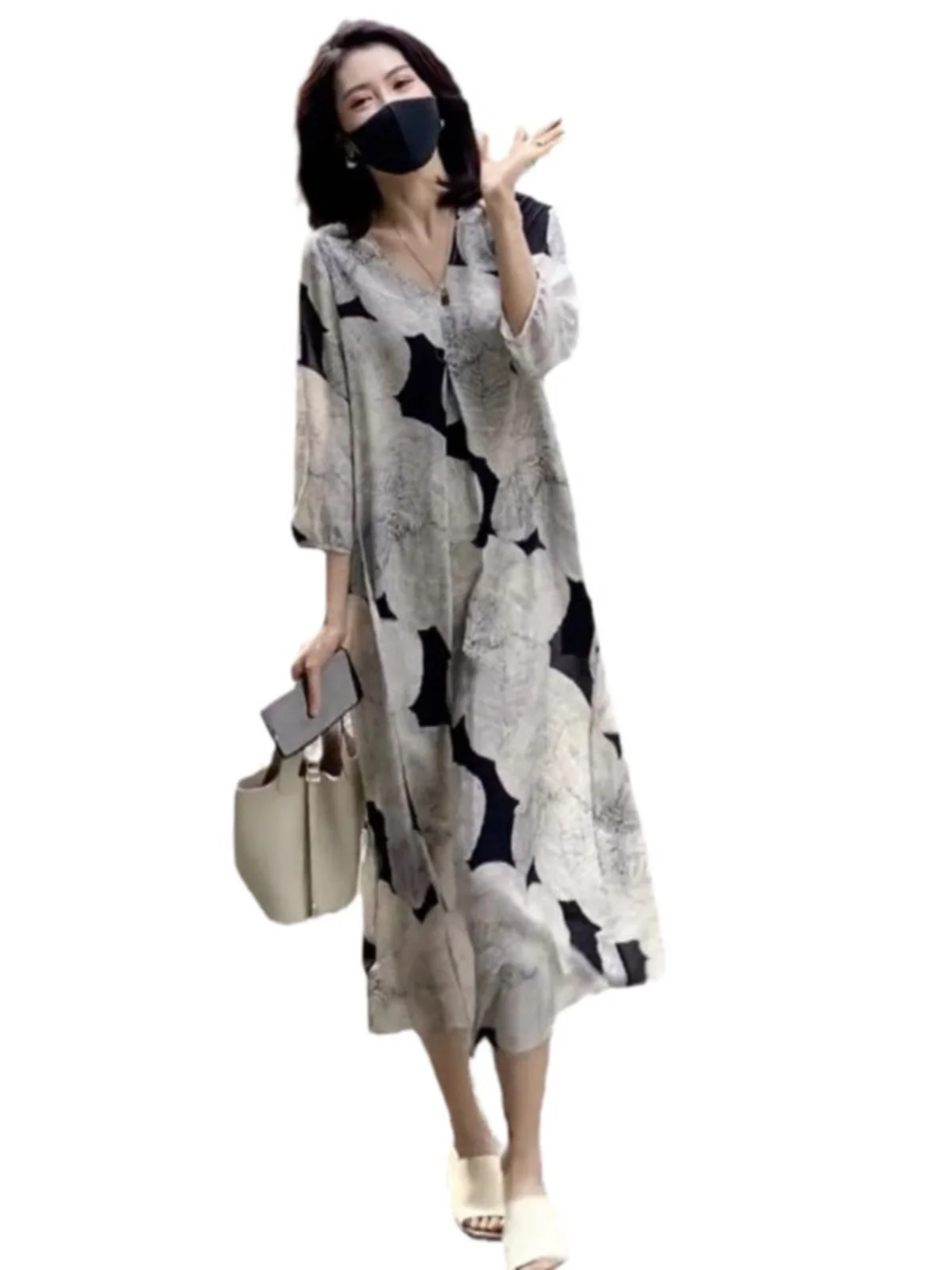 Retro Water-Media Stampa Cotone-Lino Lungo Dr Donna Allentato Dimagrante Leggero V-Ne A-Line Estate Dr