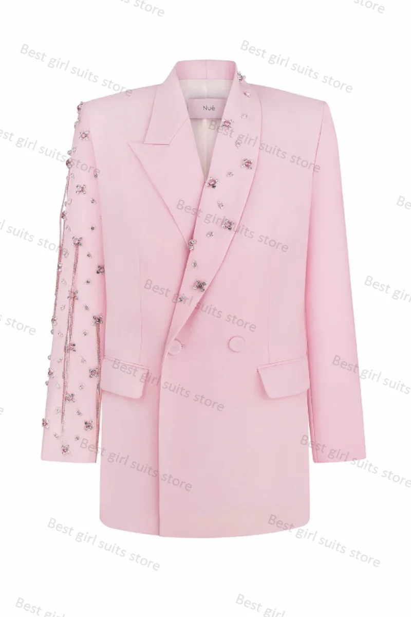 Pink Crystals Women Suit Set 2 Piece Blazer+Long Pants Wedding Tuxedos Elegant Office Lady Jacket Coat Prom Dress Tailored Made