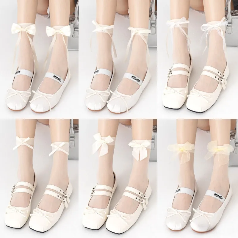 

Женские шелковые носки Sweet Lolita молочно-белого цвета с бантом, ультратонкие прозрачные однотонные балетные носки JK с лентой и кружевом с бантом, средние носки-трубы