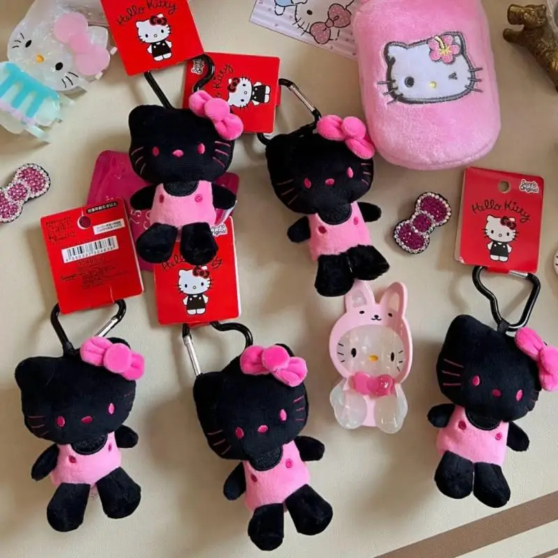 Kawaii Sanrio Plush Keychain Cute Yk2 Black Skin Hello Kitty Bag Pendant Cartoon Key Chain Backpack Decoration for Girl Gift