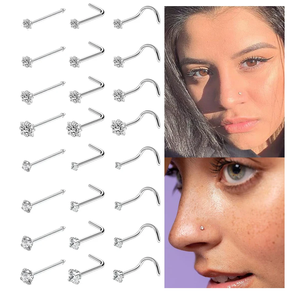 24pcs Nose Nail Hypoallergenic for Women Bend/Straight/L-Shaped Rod 1.5-3mm Round Square Cubic Zirconia Nostril Piercing Jewelry