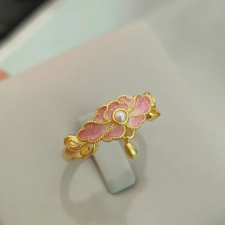 New Chinese Style Pink Enamel Ring with Water Drop Retro Light Luxury High End Charm Ring Opening Jewelry