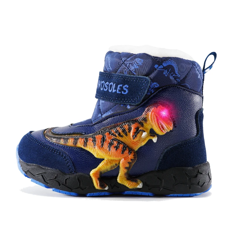 EXDINO T-REX LED Winter Snow Boots 3-6Y Children Boys Genuine Leather Kids Light Up Dinosaur Flashing Warm Thick Plush Footwear