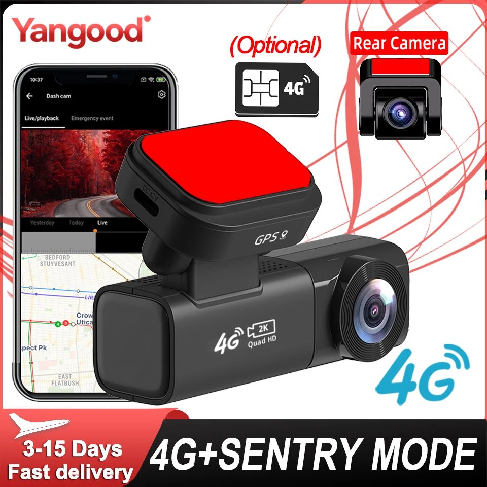 Yangood 4G LTE Smart Dash Cam with Live View GPS Tracking Features 2K Dual-Channel Recording Collision Warning & Human Detection