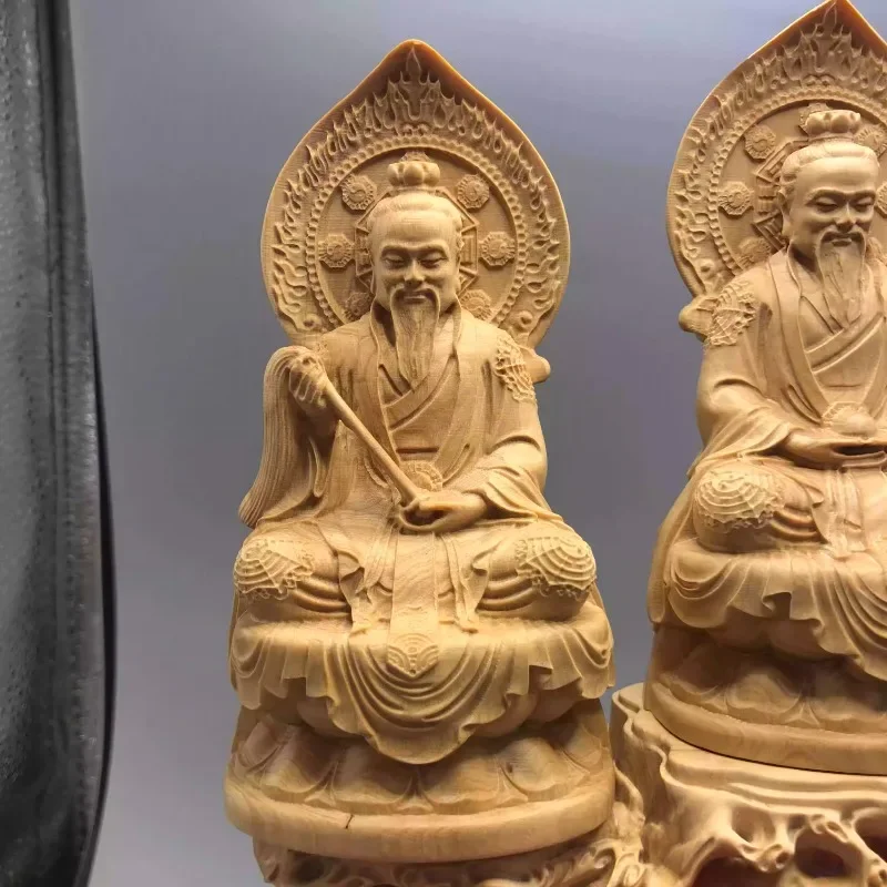 Hand Carved Boxwood Wooden San Qing Statues Set (3pcs) - Taoist Three Pure Ones Deity Ornament Home Office Desk Decor Gift