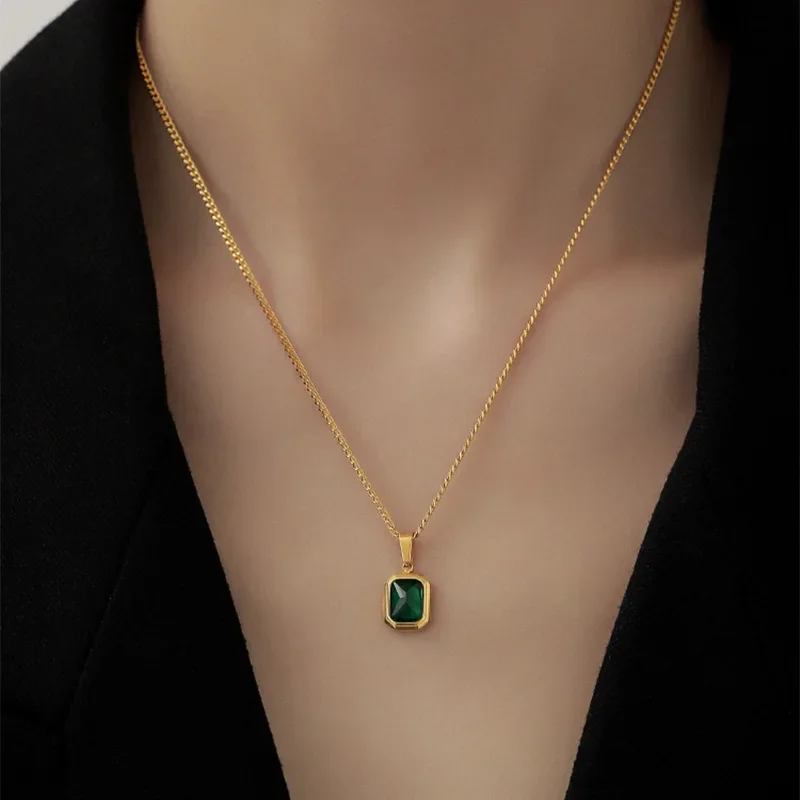 Retro Square Green Zircon Pendant Necklace For Women Titanium Steel Necklace Girls Wedding Engagement Jewelry