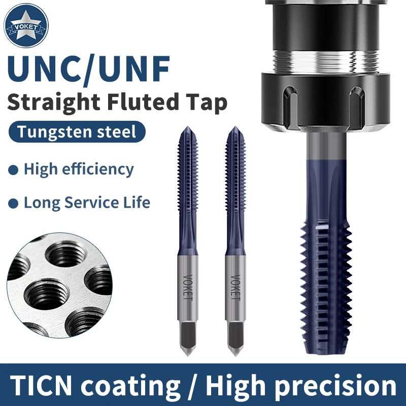 VOKET Carbide Tungsten Steel JIS Standard With TICN Straight Fluted Tap UNC UNF 4-40 6-32 Machine Thread Taps For HRC 55° - 62°