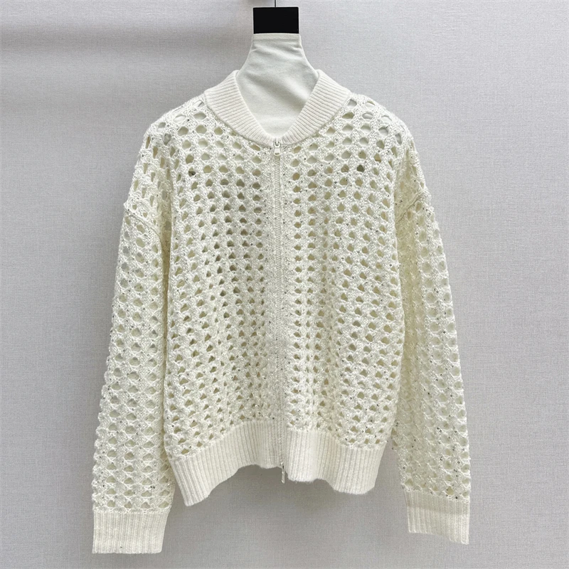 

Cardigan for women New elastic knitted hollow out long sleeved top for autumn 2025 wool blend Women's sweater sequin Knitwear