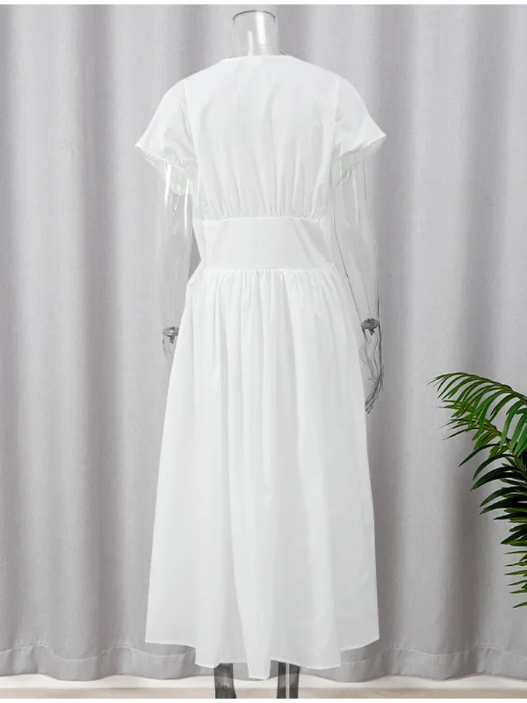 Moda biała długa sukienka na imprezę 2024 damska elegancka plisowana talia z paskiem latającymi rękawami szata biurowa nowa dama sukienki uliczne