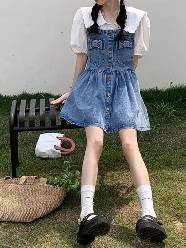 Summer Slimming Denim Short Skirt with  Knot Straps Women's Dress Vest Top Skater Style plus Size College Trend