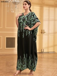 Siskakia Fashion Kaftan Abaya Dubai Islam Muslim Floral Print Short Sleeve V-Neck Loose Dress Gorgeous Party Style Islamic Cloth