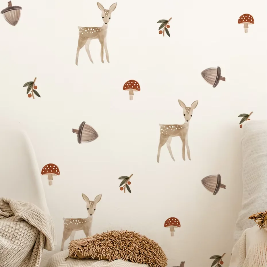 Boho Cartoon Wildflowers Woodland Animal Nursery Decor Watercolor Vinyl Wall Decals Print Kids Girls Room Interior Home Decor