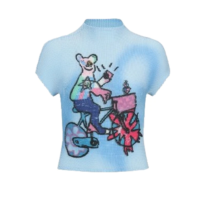 

Mosaic Fun Print Pleated Short Sleeve T-Shirt Women's Summer Design Sense Pleated Elastic Slim Spice Girl Tops